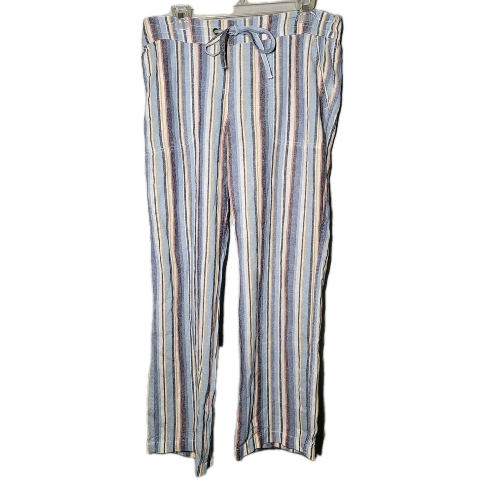 Per Se Womens Medium Pants Denim Naturals Blue Striped Wide Leg Linen Blend
